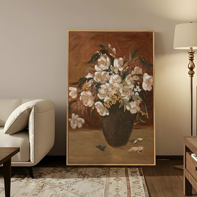 Framed Vintage Floral Wall Art for Living Room, Rustic Retro Flower Brown Canvas Painting Print, Antique Botanical in Vase Vertical Picture for Kitchen Bedroom Hallway Office Wall Decor, 24x36 Inch