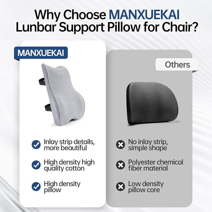 Plush & Comfortable Memory Foam Lumbar Support Pillow - Soft Back Cushion for Office Chair, Car Seat, Gaming Chair - Ergonomic Lower Back Pain Relief with Adjustable Straps & Washable Cover-Light Grey