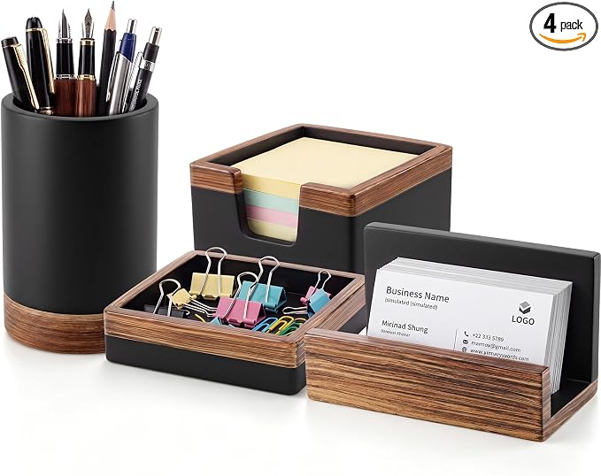 Set of 4 Modern Aesthetic Desk Accessories Organizer Set Minimalist Neutral Home Office Decor Desk Supplies for Men-Pen, Business Card Holder, Sticky Note, Paper Clip Holder (Black)