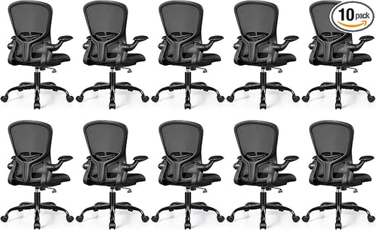 FelixKing Office Desk Chairs, Ergonomic PC Desk Chair with Wheels, Adjustable Lumbar Support and Height, Swivel Computer Chair with Flip-up Armrests, Ergo Mesh Backrest for Working (Black, Pack of 10)