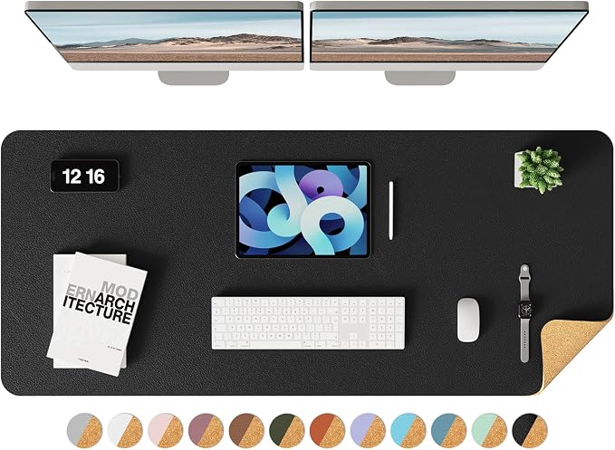 YSAGi Double-Sided Desk Pad, Leather Desk Mat, Eco Cork Desk Pad Protector, Large Mouse Pad for Desk, Waterproof Desk Blotter Pad, Desk Writing Pad for Office Work/Home (Black+Cork, 47.2" x 17")