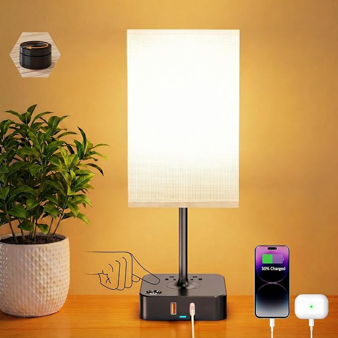 Bedside Table Lamps for Bedroom, 3 Way Dimmable + Remote Control Stepless Dimming Touch Lamps for Nightstand, USB A+C & AC Outlet Small Table Lamp for Living Room, Bed, Study, Include 9W Warm LED Bulb
