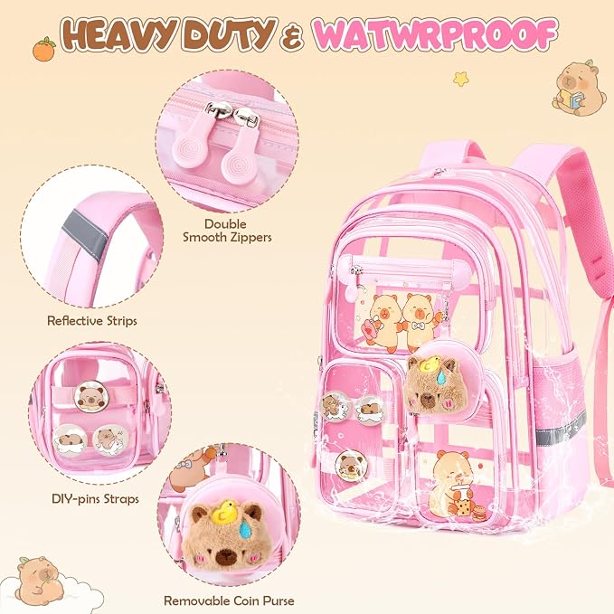 Capybara Theme Clear Backpack,Heavy Duty Transparent Backpack for Girls with Lunch Box Pencil Case,See Through Bookbag for Kids Teens Elementary Middle High School Stadium Approved