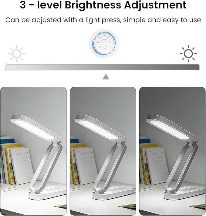 Rechargeable LED Desk Lamp, Foldable Portable Table Light with 3 Brightness Levels,Type-C USB Charging,Small Desk Lamp,Portable Bedside Wireless Reading Light,Home, Office, Nail Art,Craft,WHITE