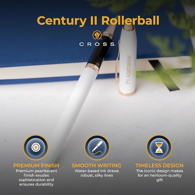 Cross Century II Rollerball Pen, Pearlescent White with Rose Gold Trim, Personalized Laser Engraving, Black Ink, Cross Gift Box, Mothers Day and Graduation Gift for Women