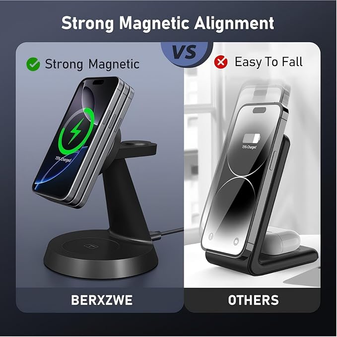 3 in 1 Wireless Charging Station for Apple, 15W Mag-Safe Charger Stand for iPhone17/16/15/14/13/12 Pro/Max/Plus/, Phone Charger Stand for Airpods 4/3/2, Wireless Charger for iWatch Series(Black)
