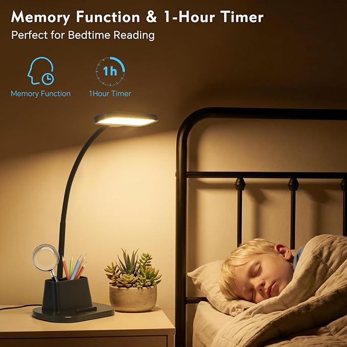 BOHON Desk Lamp for Home Office Reading Light with USB Charging Port Black | Small Desk Lamps with Pen Holder, 5 Color Modes 5 Brightness, Touch Gooseneck LED Table Lamp for Dorm Room Essentials Study