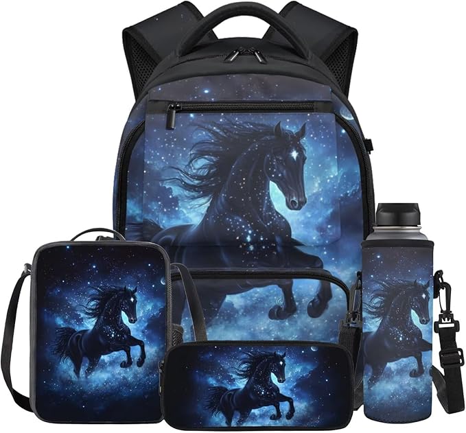 Horse Backpack with Lunch Bag for School Boys School Bags Large 17 Inch Lightweight Bookbags with Padded Zippered Pocket for Kids Teens Ages 8-10