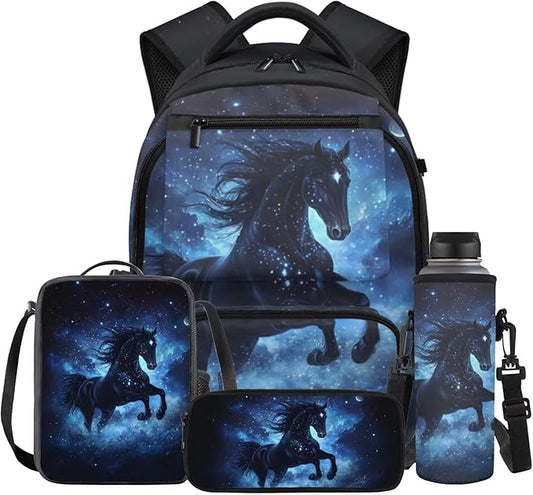 Horse Backpack with Lunch Bag for School Boys School Bags Large 17 Inch Lightweight Bookbags with Padded Zippered Pocket for Kids Teens Ages 8-10