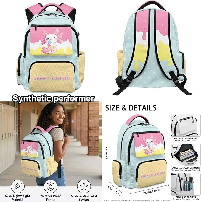 WELLFLYHOM Axolotl Ice Cream Kids Book Bags for Girls 10 Years Old Girls School Backpack 8-12 Elementary Junior Dayback Insulated Lunch Box Pencil Case Water Bottle Holder