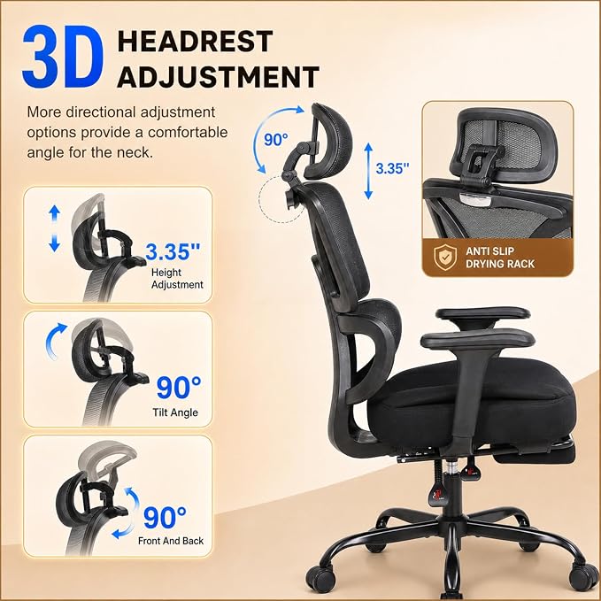 Ergonomic Office Chair with Footrest - High Mesh Back Computer Desk Chair | with Back Support, 135° Reclining, 4D Armrest & Headrest, 400lbs Thickened Seat Cushion, for Home Office, Work & Gaming