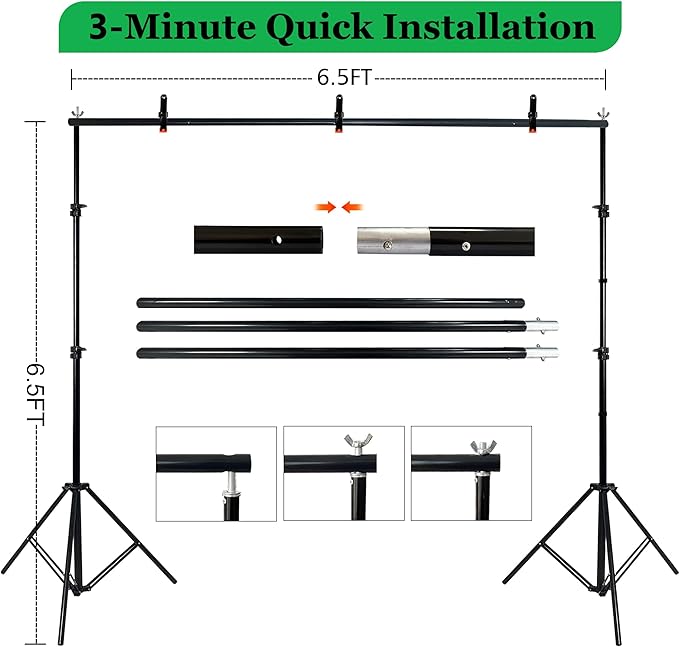 2 in 1 Green Backdrop Stand Kit,6.5x6.5 ft Portable Dual Rod Stand kit with 6x9ft Green Backdrop-Premium Polyester for Video Streaming, Portrait Photoshoot,Wall Mounted, Parties