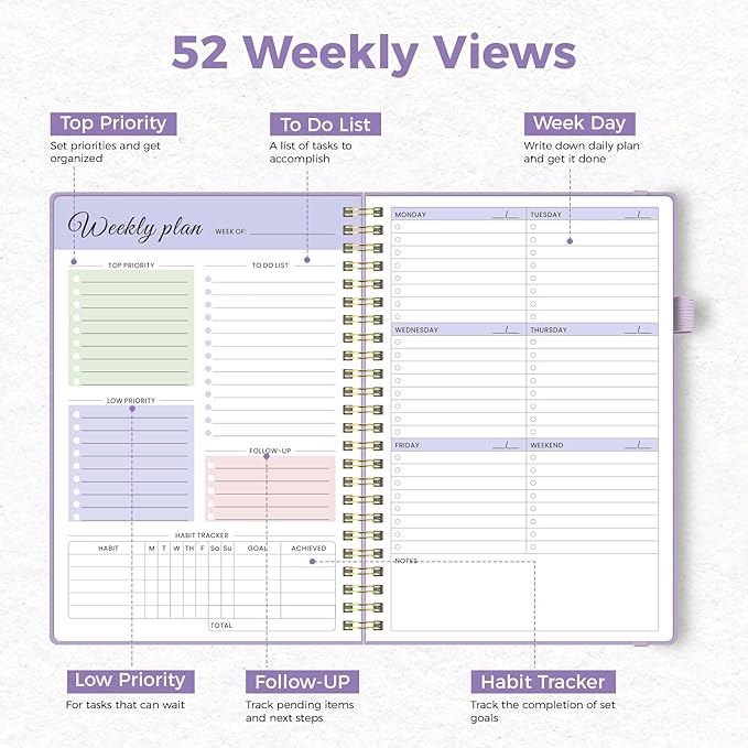Oucaru Undated Weekly Planner, 8.5"x11", A4 Size To Do List Notebook with Goal & Habit Tracker Organizer, 52 Weekly Planner Notebook with Spiral Binding for Office Home School Supplies