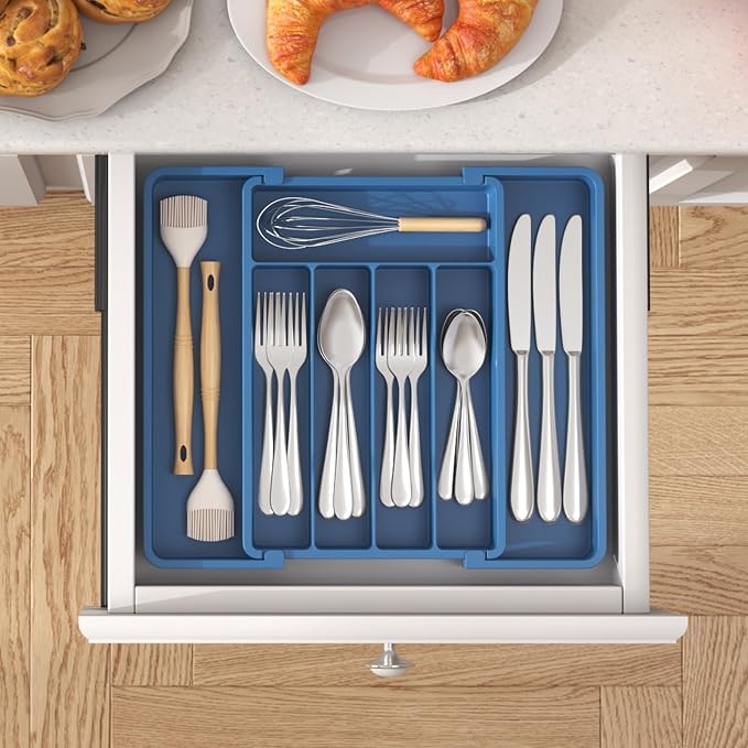 Lifewit Silverware Drawer Organizer, Expandable Utensil Tray for Kitchen, BPA Free Flatware and Cutlery Holder, Adjustable Plastic Storage for Spoons Forks Knives, 8.5"-14.1" x 12.1", Dark Blue