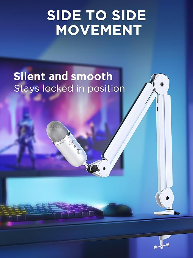 InnoGear Mic Boom Arm Microphone Stand Cable Management for Blue Yeti FIFINE AM8 K669B HyperX QuadCast S SoloCast AT2020 and Other Microphone, White