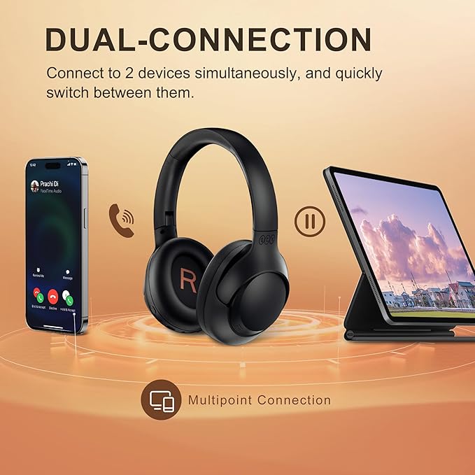 QCY H3 ANC Bluetooth Headphones Over Ear, Active Noise Cancelling Bluetooth 5.4 Headphones with Microphones, Hi-Res Audio Sound, Multipoint Connection, 60H Playback, Custom EQ via App(Black)