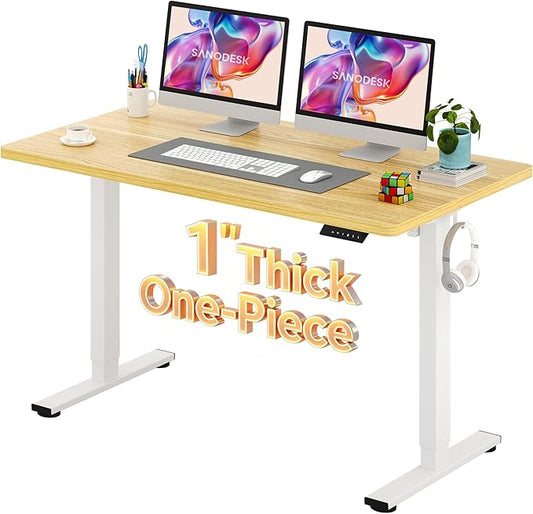 SANODESK Electric Standing Desk 55 x 28 Inches Whole-Piece Desktop Height Adjustable Stand Up Desk w/6-Button Controller Ergonomic Computer Desk for Home Office, White Frame + Natural Tabletop
