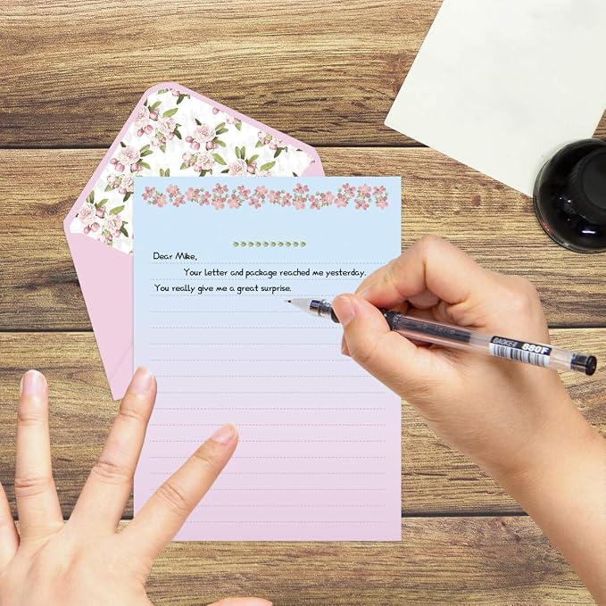 Ceiba Tree Cute Floral Stationery Letter Paper (48 PCS) 7.1 x 5.2 inch Lined Matching Envelopes (24 PCS) Double Sided for Invites