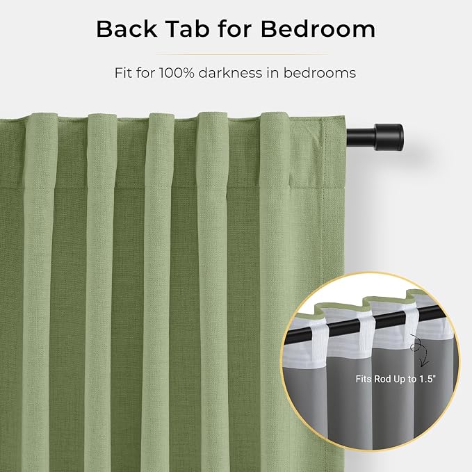 INOVADAY 100% Blackout Curtains for Bedroom, Sage Green Black Out Curtains 102 Inch Long, Clip Rings Linen Blackout Drapes, Thermal Insulated Room Darkening for Living Room, 2 Panels - W50xL102