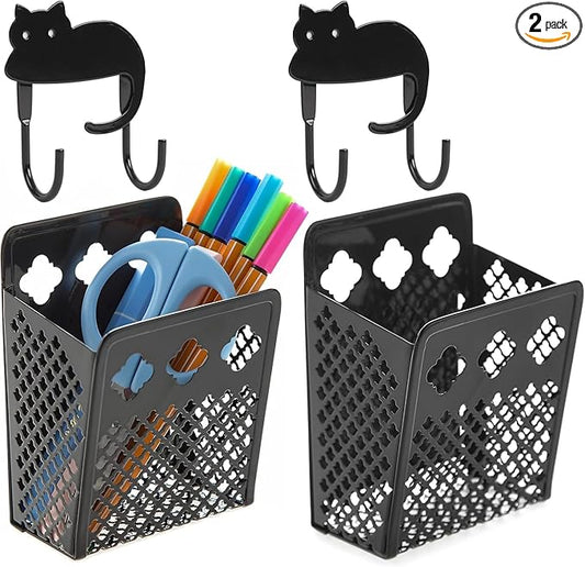 2 Pack Magnetic Pen Holder, Strong Magnet Organizer Dry Erase Marker Holder for Refrigerator, Whiteboard, Locker Accessories Home Office Hanging Pencil Holder with Hooks-Black