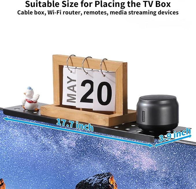 17.7in TV/PC Top Shelf Mount for Routers, Cable Boxes and Remote | Adjustable Monitor Top Shelf Wide Platform Screen Storage Bracket, TV Mounted Shelf for Games Consoles - 17.7 x 3.9 inches