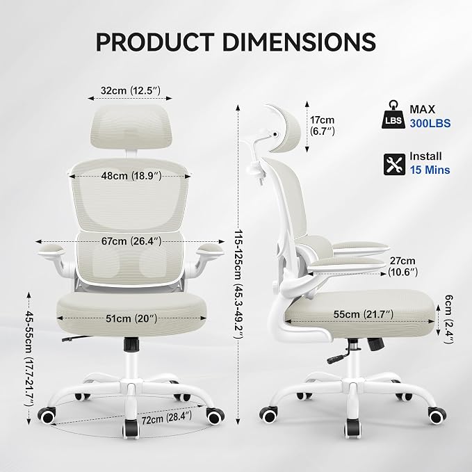 ALLGOD Ergonomic Office Chair, Mesh Desk Chair with Lumbar Support, High Back Home Office Chair with Adjustable Headrest and Flip-Up Arms, Comfortable Computer Chair, Thick Cushion, 300 LBS, White