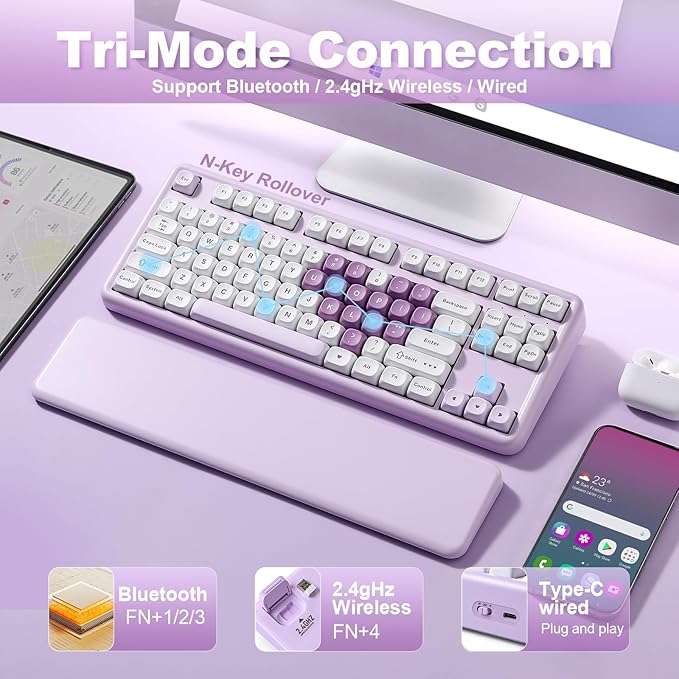 YUNZII B87 Wireless Mechanical Keyboard,QMK/VIA Programmable,TKL Layout 87 Keys,BT/2.4G/USB-C,Hot Swap Gasket Mount RGB Backlit Gaming with Wrist Rest for Win/Mac (Purple Heart, Milk V2)