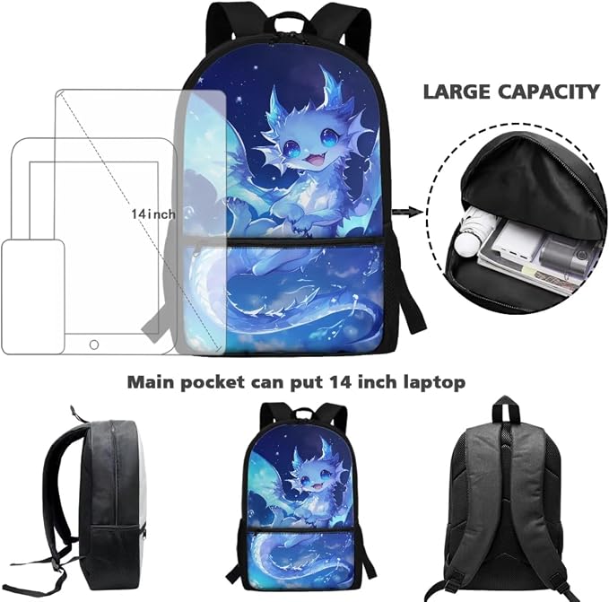 WELLFLYHOM 4PCS Blue Ice Dragon Backpack Set for Elementary School Kids 6-11, Girls 17inch Cute Backpack with Lunch Box for Back to School, Lightweight Bookbag Reduce Shoulder Pressure