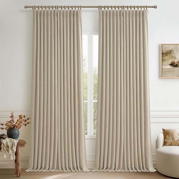 Beige Pinch Pleated Blackout Linen Double Layer Bedroom Curtains 92 Inches Long 2 Panels Set, Memory Trained Soundproof Room Darkening Thermal Neutral Nursery Window Curtain with Hook 40W x 92L