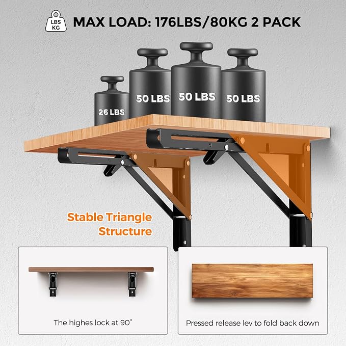 JOY DECOR 12 Inch Heavy Duty Folding Shelf Brackets, 2 Pack (1 Pair) Collapsible Wall Mounted Brackets for Fold Down Table, Stainless Steel Folding Table Hinge, Matte Black
