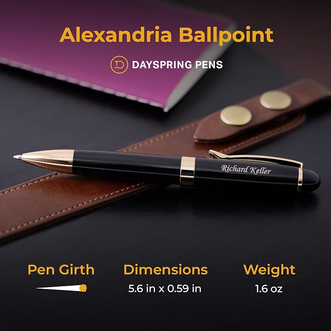 Dayspring Pens Alexandria Black Ballpoint Pen with Gold Trim, Large Barrel, Gold Engraving on Cap, Parker G2 Refill Compatible, Gift for Graduation, Career Advancement, Birthdays