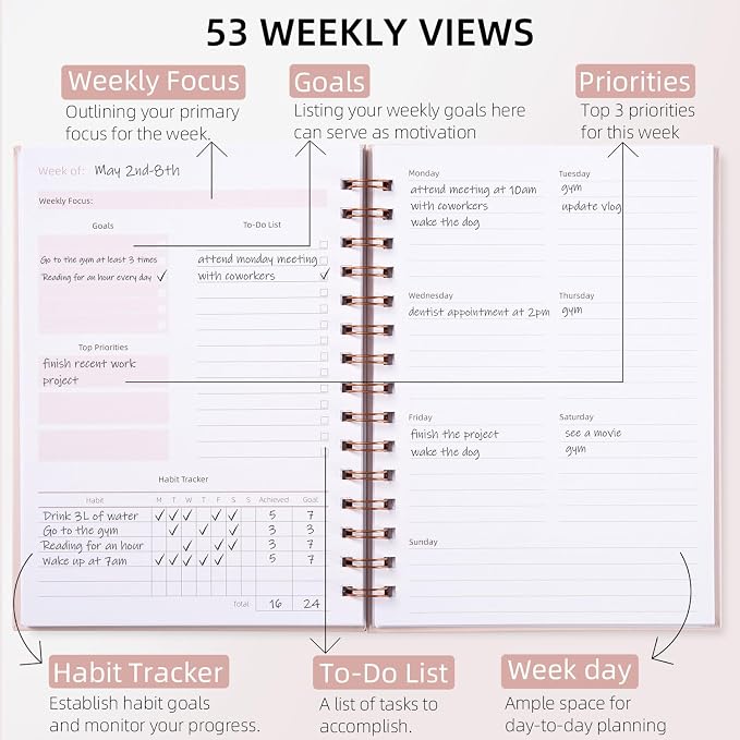 Undated Weekly and Monthly Planner Spiral Bound- Weekly Goals Notebook, To Do List, Habit Tracker Journal, Academic, Aesthetic, Stylish School or Office Supplies (6.1" x 8.4" - Pink)