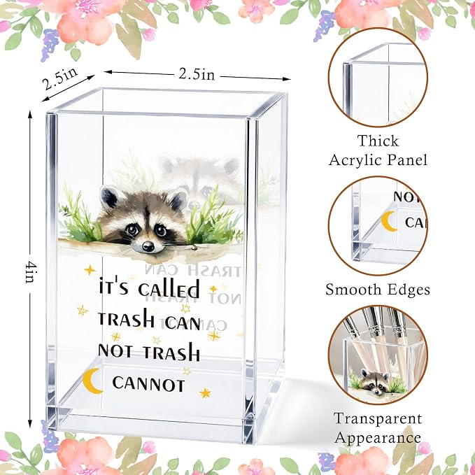 Acrylic Pen Holder Cup Funny Inspirational Desk Decor, Cute Raccoon Pencil Holder Organizer, Coworker Gift for Women Men, Office Accessories