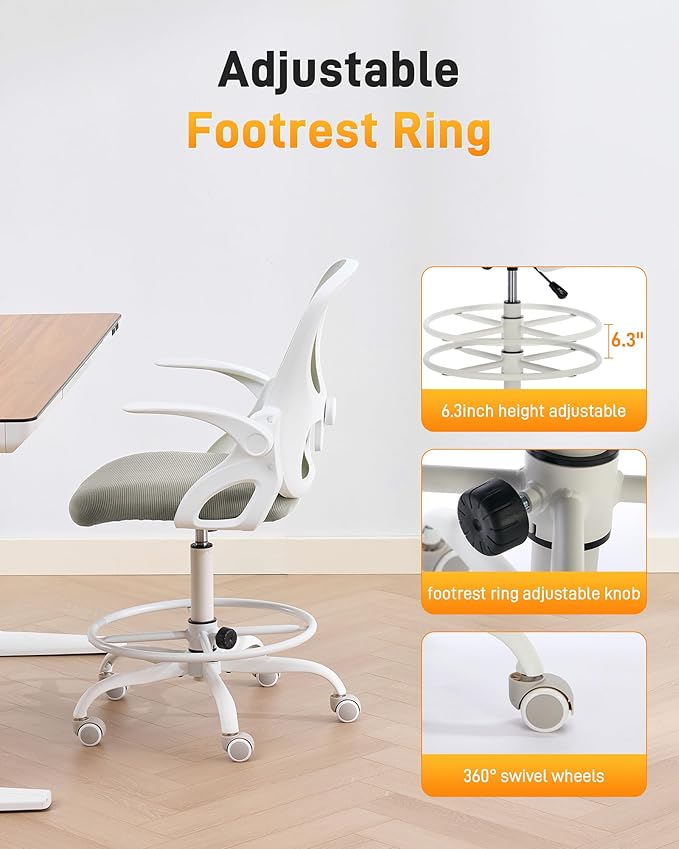 LukkDys Drafting Chair with Arms, Tall Office Chair for Standing Desks | Ergonomic lumbar pad, breathable mesh and foot ring support forward-leaning posture for sewing, crafts and daily studio work.