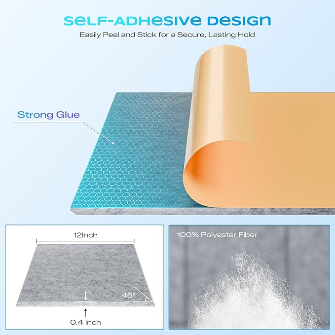 12 Pack Self-Adhesive Acoustic Panels, 12" X 12" X 0.4" High-Density Polyester Sound Proof Foam Panels for Walls, Soundproof Wall Panels for Home & Office (Sliver Gray)