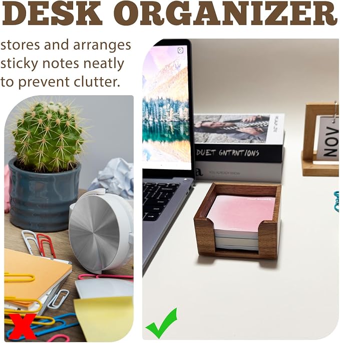 Wood Sticky Note Holder, 3x3 Crystal Clear Notepad Holder with Anti-Slip Base Post It Note Holder Sticky Note, Dispenser for Office Desk, Home Organizer
