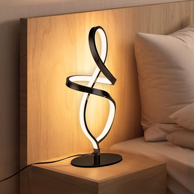 Mayful Modern Table Lamp with LED Unique Spiral Design, Small Nightstand Lamp with Stepless Dimming Switch, Black Bedside Lamps for Bedroom, Nightstand, Living Room, Office, Desk, 12W 3200K Warm White