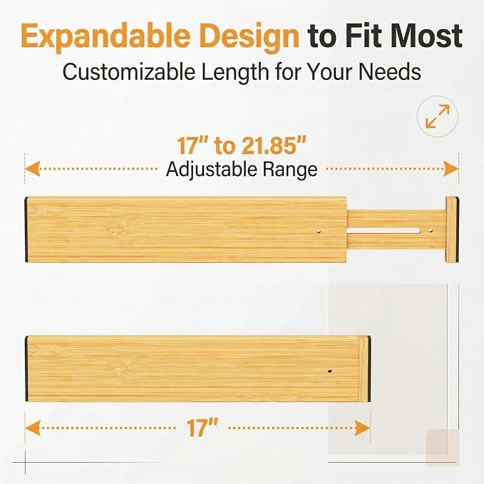 FUSHITON Bamboo Drawer Dividers 17"-22" Adjustable Expandable Drawer Organizers Spring Loaded Drawer Separators for Kitchen Dresser Bathroom Bedroom Office Storage, 4 Pack