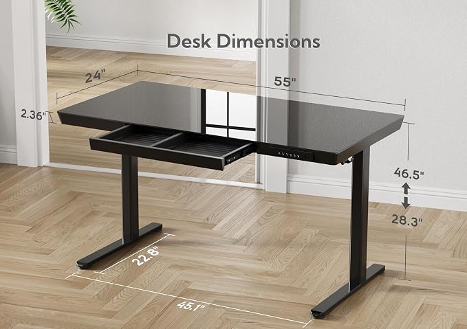 Claiks Glass Standing Desk with Drawers & USB Ports 55x24 Inch, Black | 3 Steps Quick Install, 2 Zones Drawer, USB Ports, Ultra White One-Piece Glass Top, Writable Top