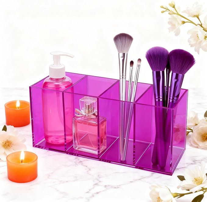Pen Holder for Desk Neon Acrylic Pencil Holder Cup Makeup Brush Storage Organizer for Vanity, Purple