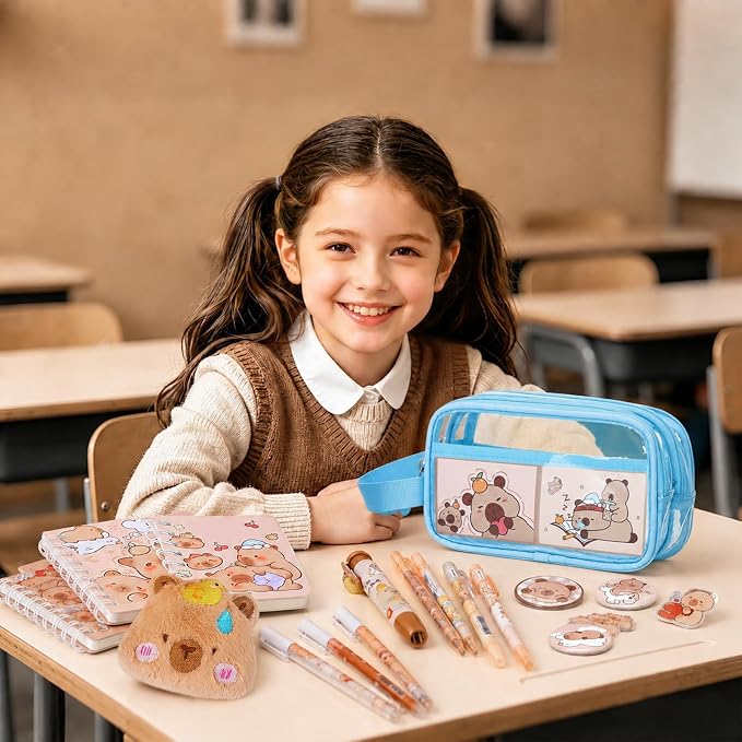 Capybara Theme Clear Backpack, 28Pcs School Supplies Stationery Transparent Backpack Set with Lunch Box Pencil Case Pens Notebooks for Kids Girls Elementary Middle School Stadium Approved
