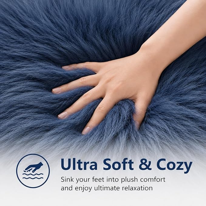 EasyJoy Faux Sheepskin Rug, Fluffy Faux Fur Rug, Ultra Soft Shag Area Rug with Non-Slip Backing for Bedroom, Living Room, Nursery, Kids Room(4 x 4 ft Round, Dark Blue)