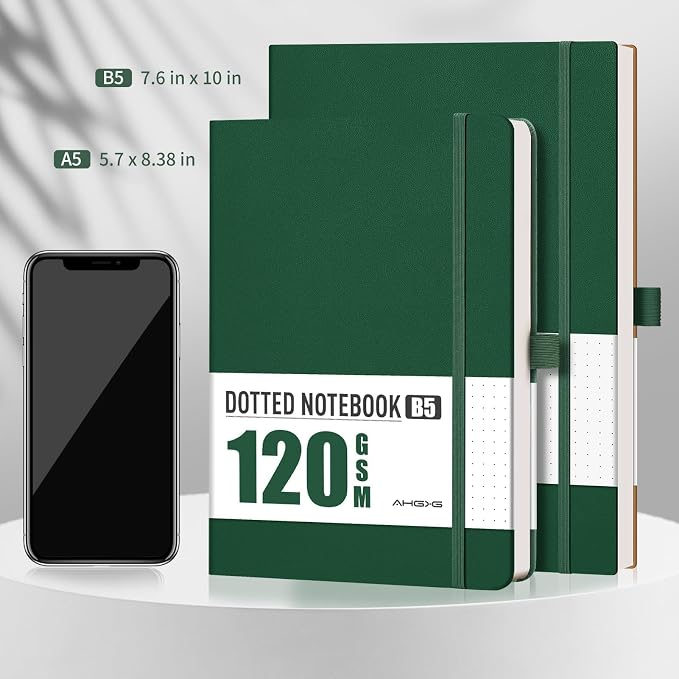 AHGXG Dotted Journal - Dot Grid Notebook Journal, 120 GSM Thick Acid-Free Paper, A5 Dotted Notebook 160 Pages, Leather Hardcover, Inner Pocket, Journal Stencil, 5.7'' × 8.3'', Dark Green