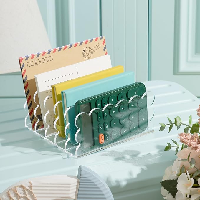 Clear Vertical File Organizer Acrylic File Holder Mails Letter Paper Envelope holder Stand Desk Organizer for Office Home School(5 Compartments,6.3 x 5.9 x 3 Inch)
