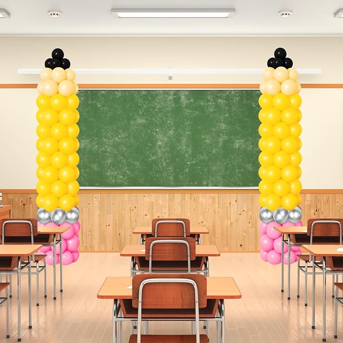 150 PCS Back to School Balloons Yellow Black Pink Apricot Silver Latex Balloons DIY Pencil Balloon Kit for First Day of School Kindergarten Preschool Graduation Party Decor Supplies