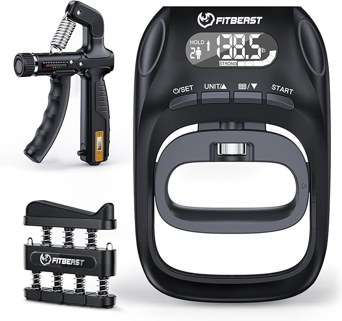 FitBeast Grip Strength Trainer Kit, Digital Grip Strength Tester with Adjustable Hand Gripper Strengthener & Finger Exerciser, Track Progress for Fitness, Rehab & Strength Building (Advanced 3-in-1 Kit)