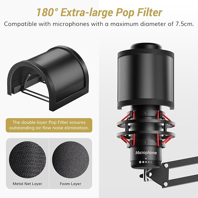 TONOR Microphone Boom Arm, Adjustable Microfono Stand Mic Arm with Extra-large Pop Filter, 3/8’’ and 5/8’’ Screwadapter, Equipment for Podcast, Recording, Streaming, 35 cm +35 cm, T10