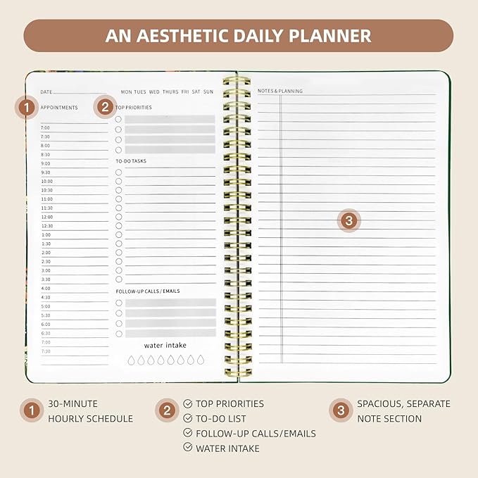 Undated Daily Planner - Spiral Notebook 80 Days One Day Per Page, Hourly Schedule, To-Do List, Notes, Everyday Planning Task, A5 Hardcover Journal Organizer Book Women Cute, Cat Garden