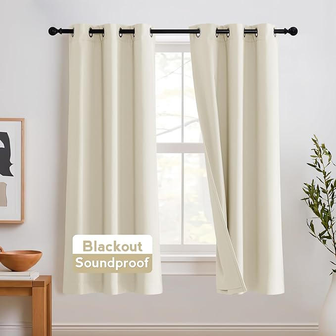 RYB HOME Noise Cancelling Curtains 63 inch Length 2 Panels Set- 3 Layers Total Blackout Curtains Soundproof Thermal Insulated Window Treatment for Kids Room Studio Bedroom, 42 x 63 inches, Beige