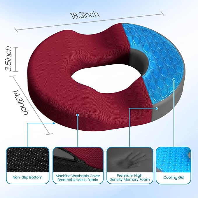 Donut Pillow Seat Cushion, Cooling Gel Memory Foam Chair Cushion, Red | Office, Home & Car Seat Cushion, Butt Pillow for Tailbone Pain Relief, Hemorrhoids and Everyday Sitting Comfort